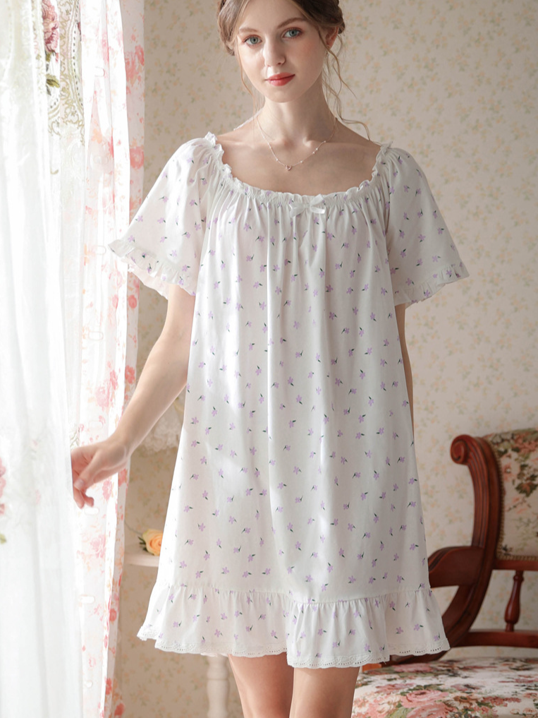 Simple Plain Cotton Floral Others Nightdress