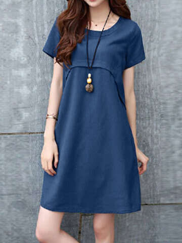 Women Casual Dresses | Solid Short Sleeve Pocket Casual Crew Neck Dress - AX71567