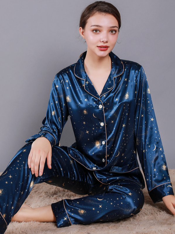 Ice Silk Starry Sky Casual V Neck Long Sleeve Couple Pajama Set