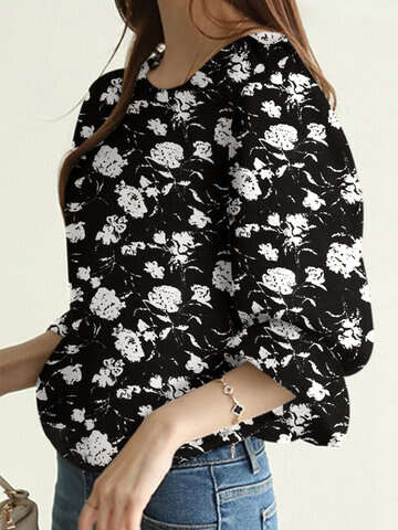 Women Blouses & Shirts | Random Allover Floral Print Crew Neck 3/4 Sleeve Blouse - KX82842