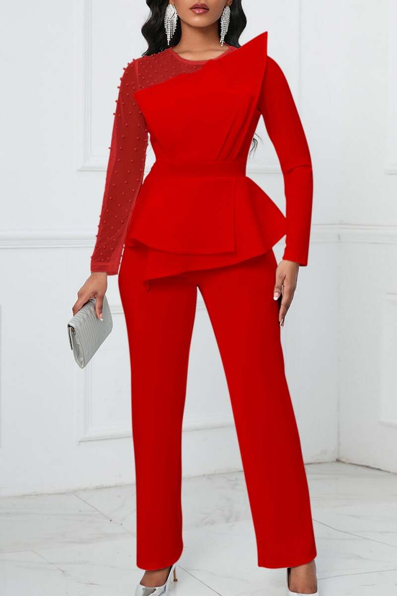 Red Casual Solid Patchwork Beading O Neck Regular Jumpsuits