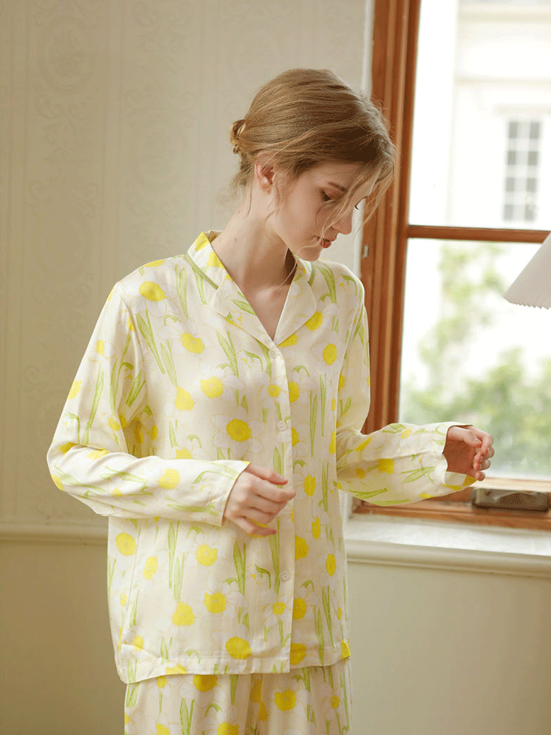 Vacation Loose Shawl Collar Long Sleeve Pajama Set