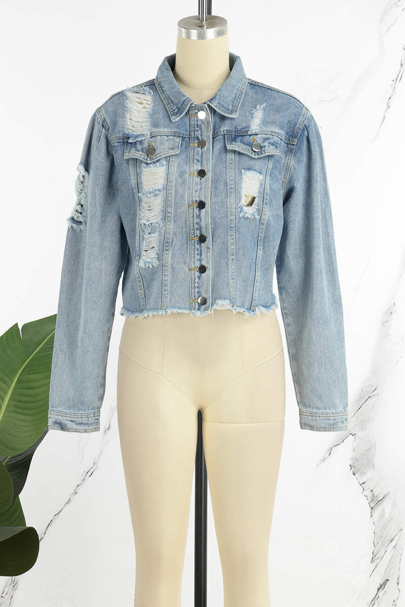 Blue Casual Solid Ripped Turndown Collar Long Sleeve Regular Denim Jacket