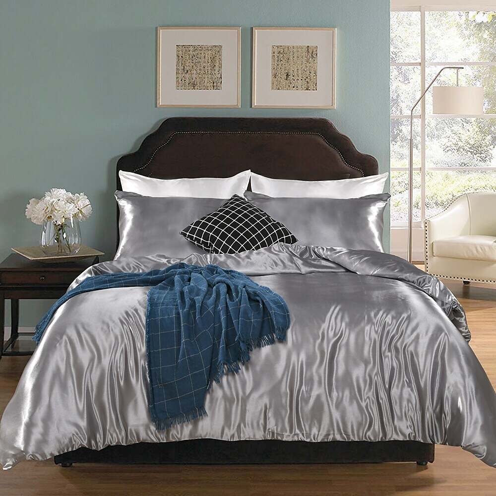 Silky Satin White Duvet Cover Set Quilt Bedding Sets Comforter Cover