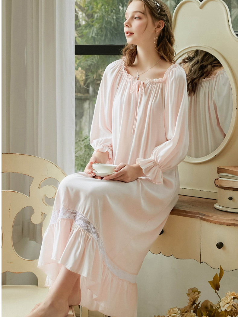 Vacation Flare Sleeve Cotton Crew Neck Plain Nightdress