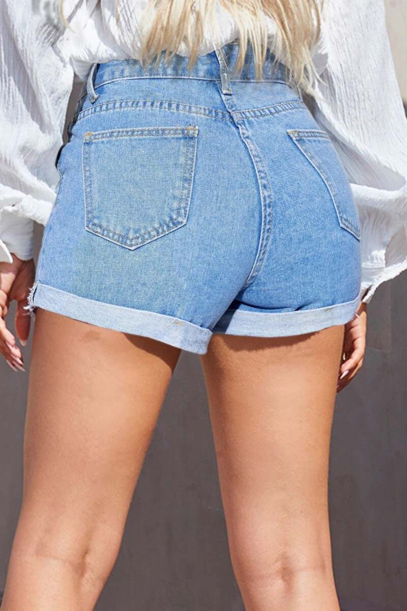 Baby Blue Casual Solid Patchwork High Waist Regular Denim Shorts