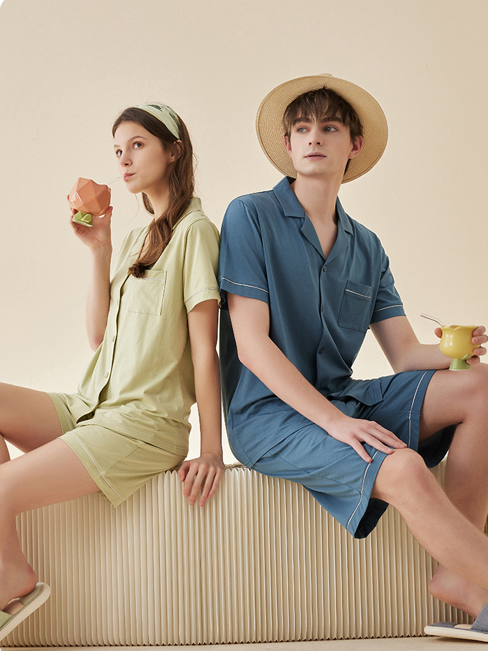 Modal V Neck Loose Simple Regular Sleeve Matching Couple Pajamas Set