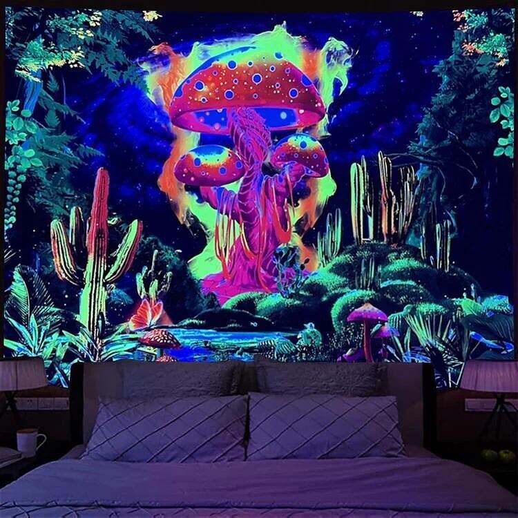 Trippy Land Black Light Tapestry UV Reactive Psychedelic Mushroom Cactus