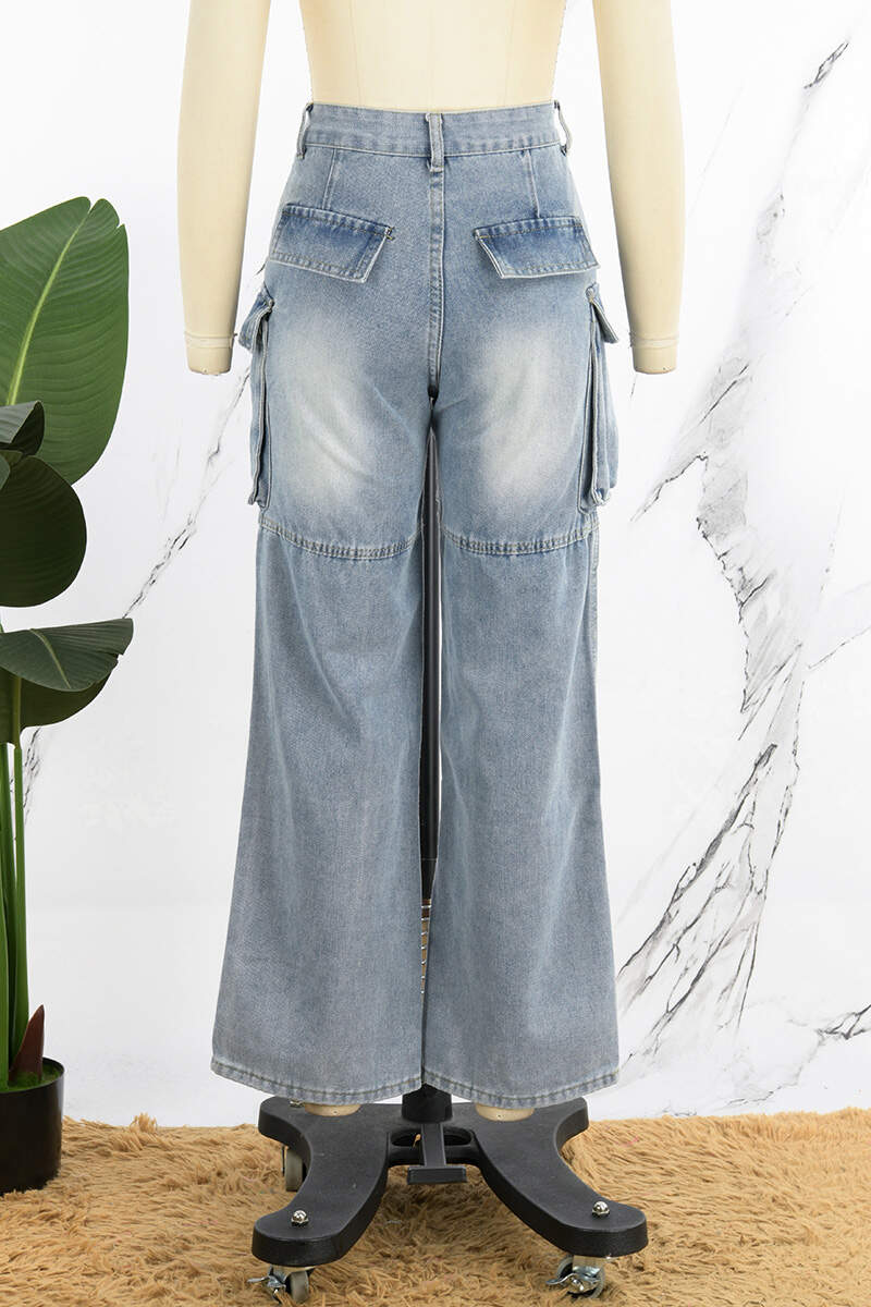 Blue Casual Solid Patchwork High Waist Regular Denim Jeans