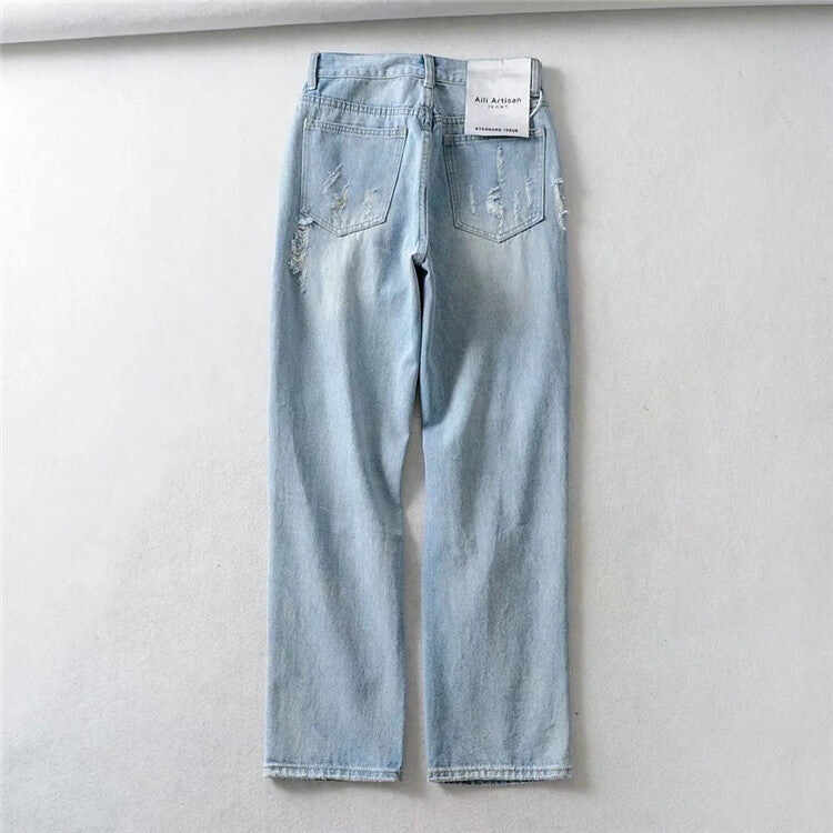 Light Blue denim Ripped Straight Leg Pants Women