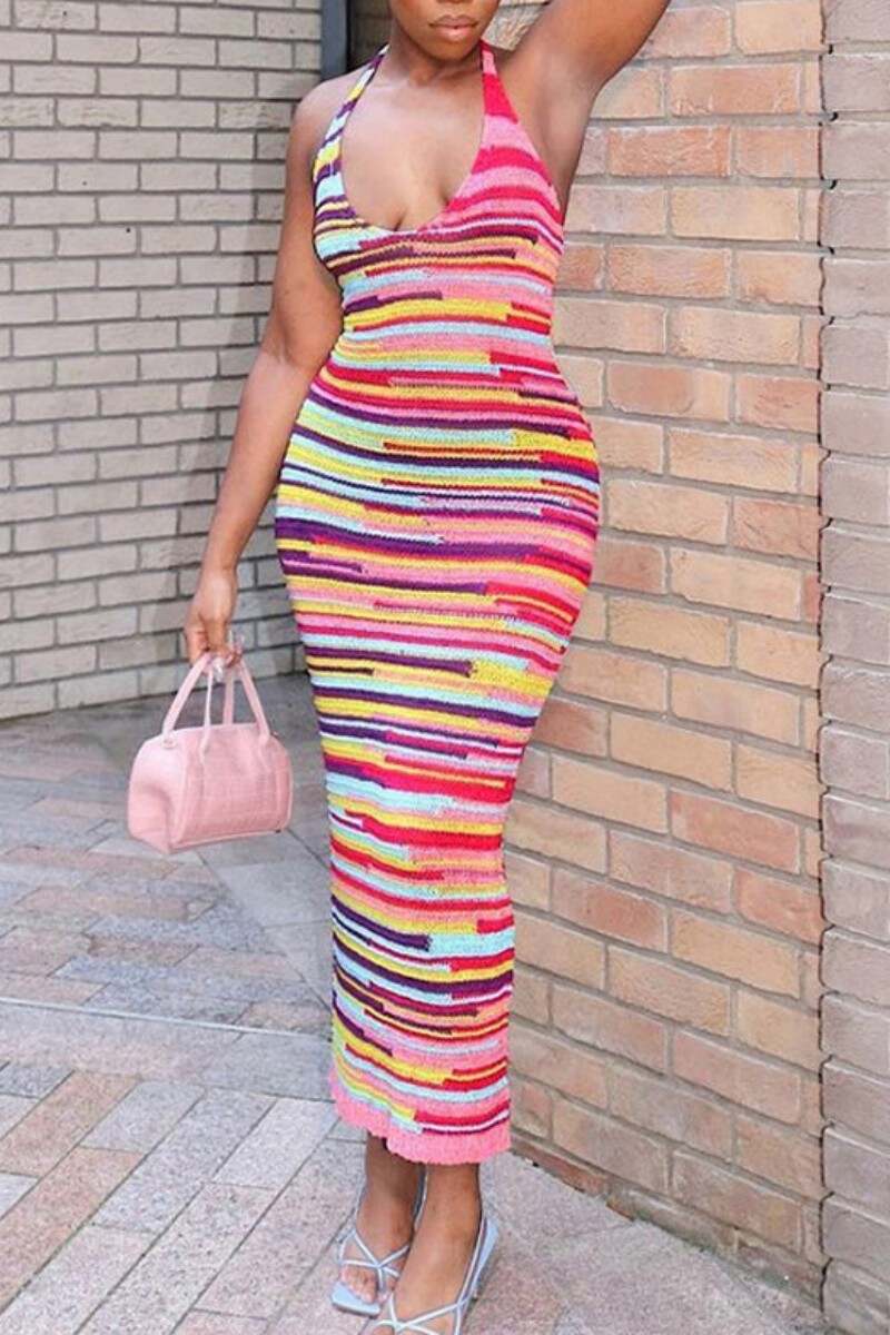 Colour Sexy Print Bandage Backless Halter Long Dress Dresses