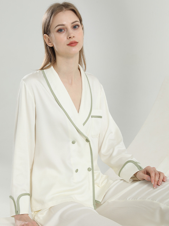 Plain Elegant V Neck Lyocell Long Sleeve Pajama Set