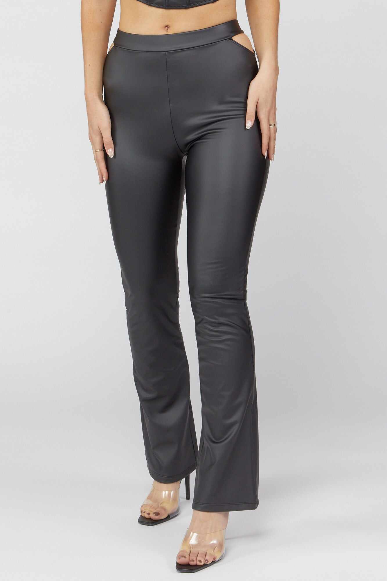 Women Apparel | Faux-Leather Cutout Flare Pants Black Forever21 - WV19300