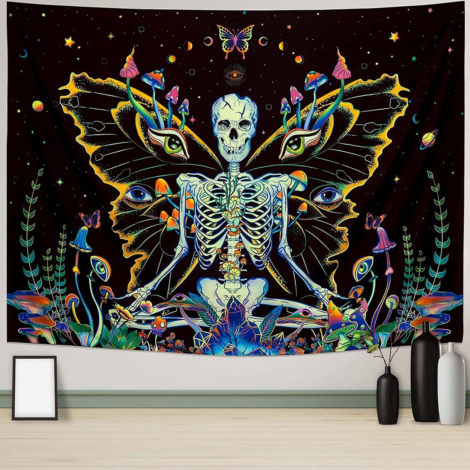 Butterfly Blacklight UV Reactive Tapestry Skull Meditation Trippy