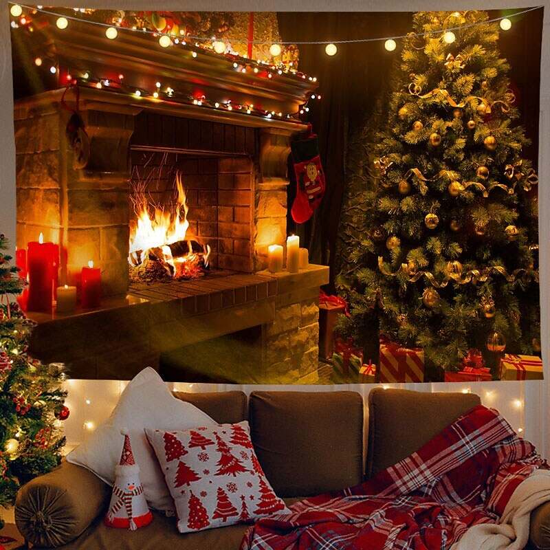 Christmas Decor LED Lights Wall Tapestry Fireplace Christmas Tree Print