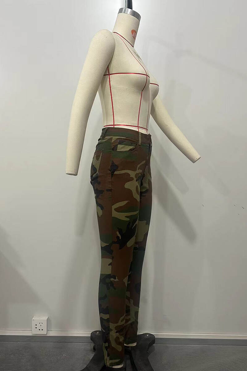 Camouflage Casual Sweet Camouflage Print Patchwork Pocket Buttons Zipper Skinny Mid Waist Conventional Full Print Bottoms