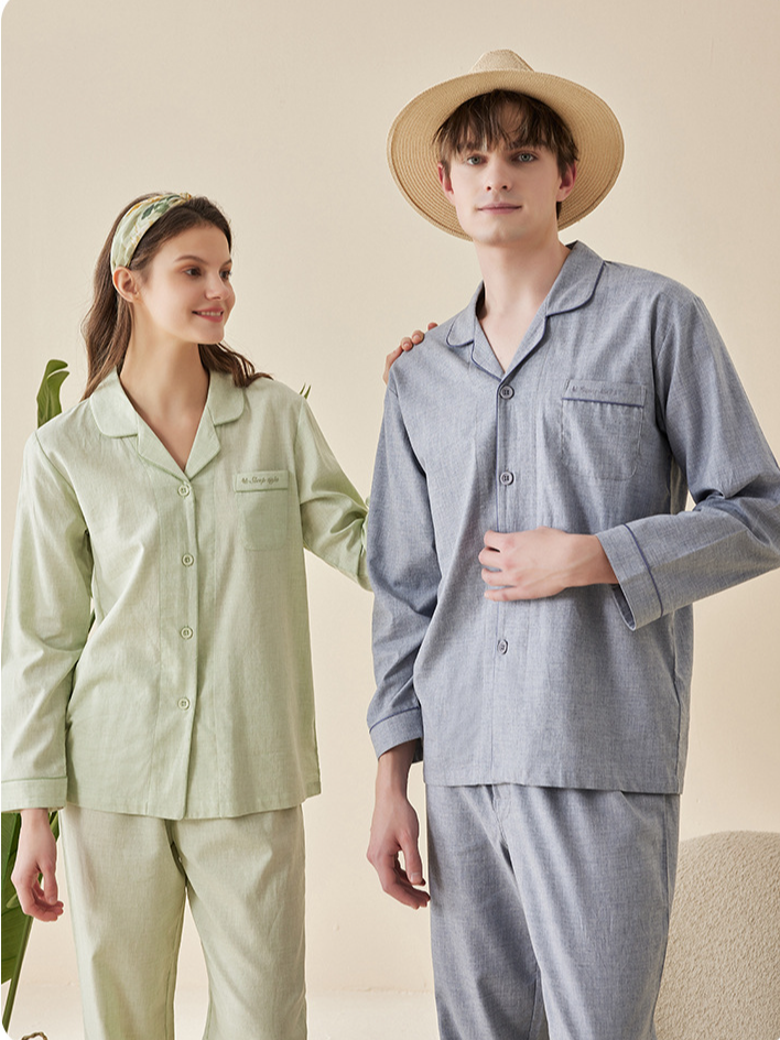 Plain V Neck Simple Cotton Long Sleeve Couple Pajama Set