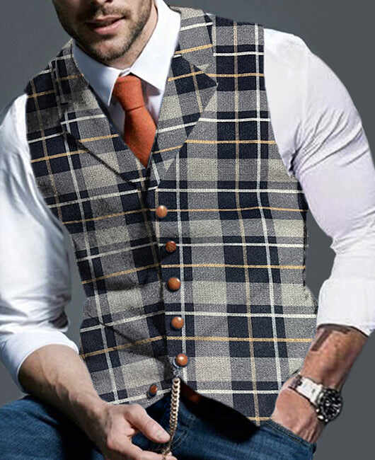 Business Plaid Print Lapel Collar Single Breasted Blazer Vest
