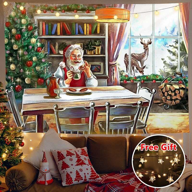 Christmas Decor LED Lights Wall Tapestry Santa Claus Print