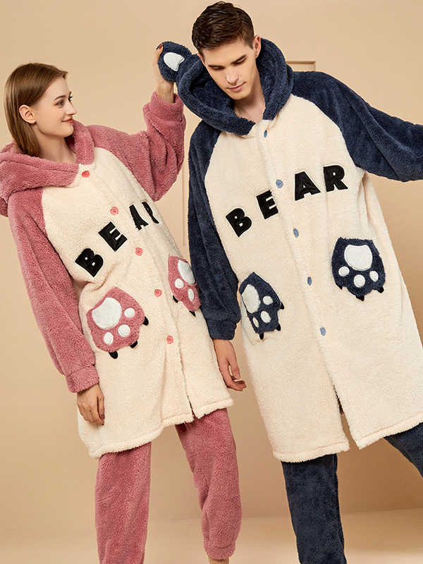 Coral Velvet Simple Long Sleeve Couple Pajama Set