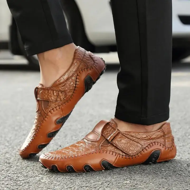 Men Large Size Hand Stitching Hook Loop Soft Sole Casual Driving Shoes