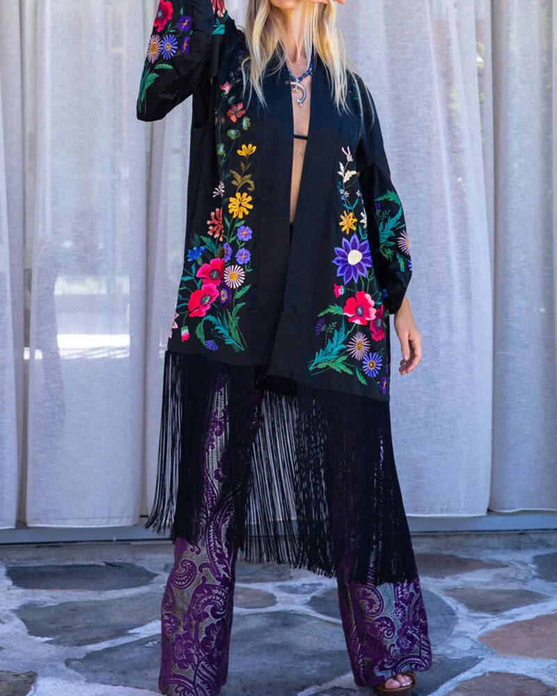 embroidered kimono fringed cardigan