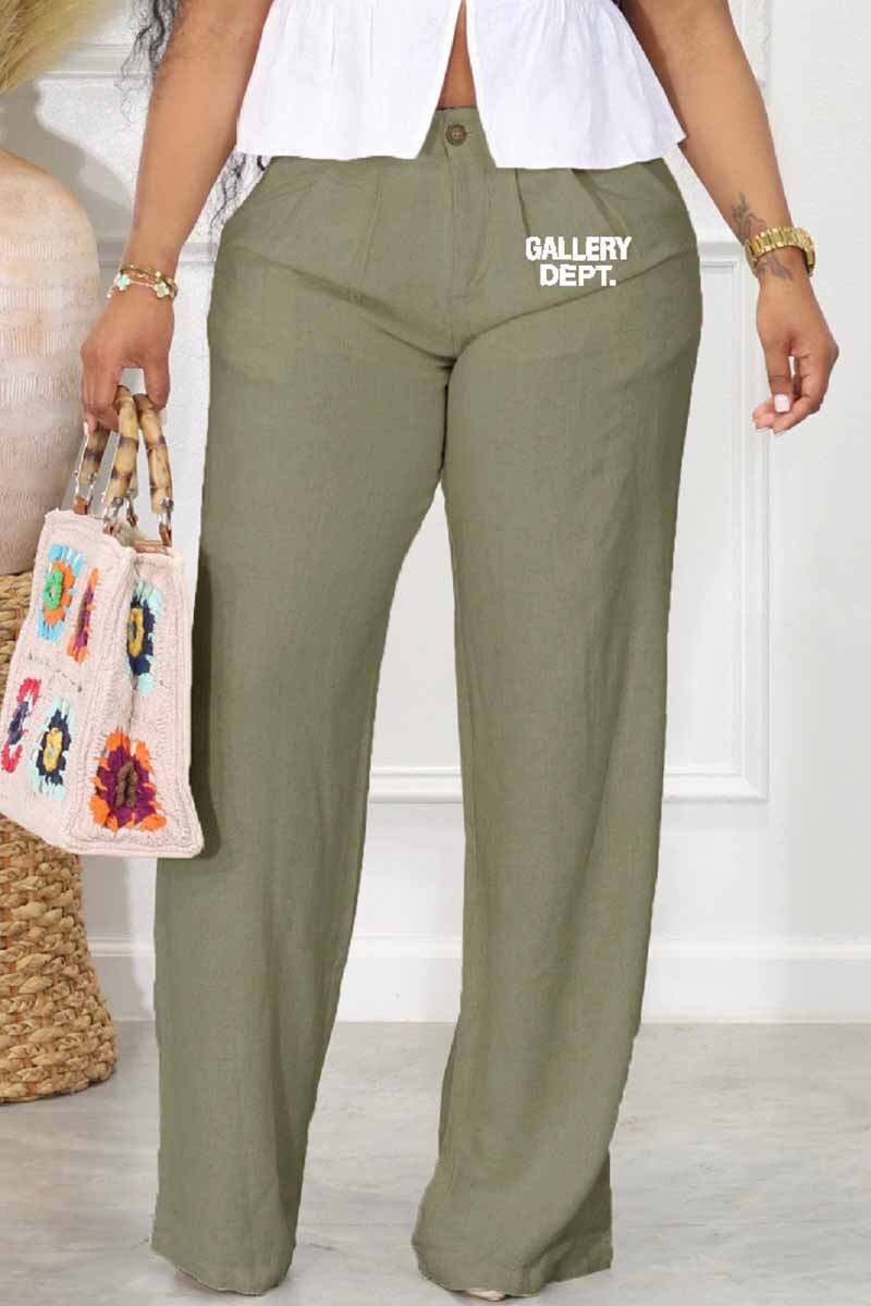 Olive Green Casual Print Letter Mid Waist Straight Bottoms