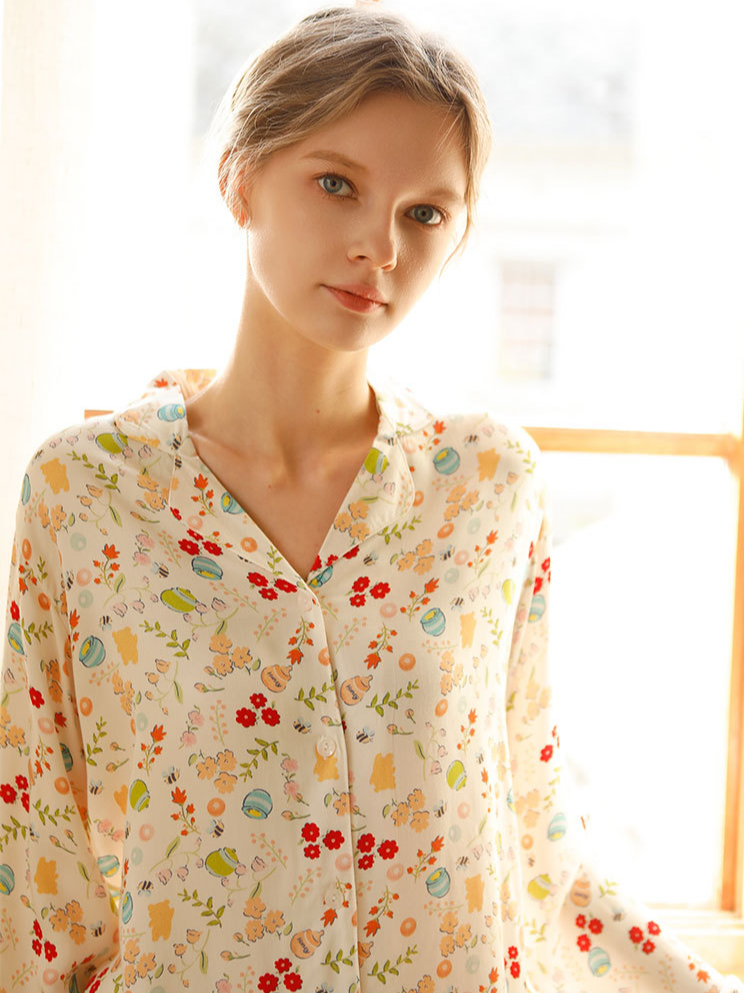 Floral Loose Shawl Collar Satin Vacation Long Sleeve Pajama Set