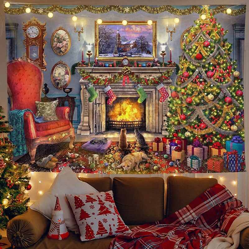 Christmas Decor LED Lights Wall Tapestry Santa Claus Christmas Tree Print