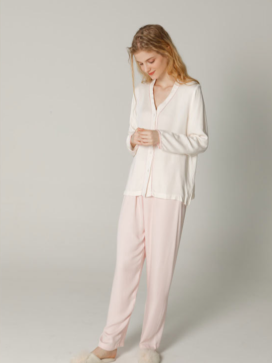 Satin Vacation Plain Loose Long Sleeve Pajama Set