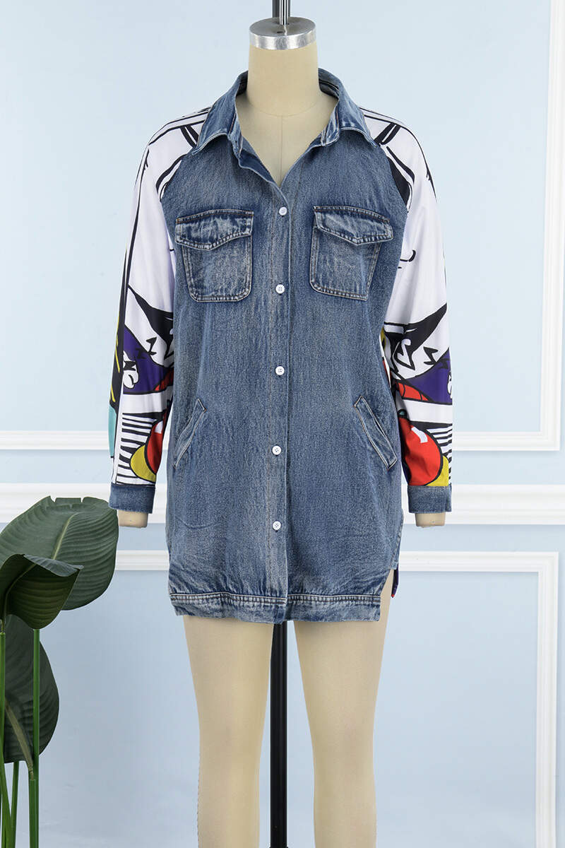 The cowboy blue Casual Print Patchwork Turndown Collar Long Sleeve Regular Denim Jacket