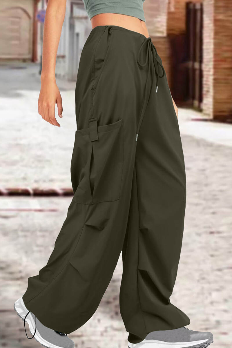 Grey Street Solid Patchwork Draw String Pocket Straight High Waist Straight Solid Color Bottoms