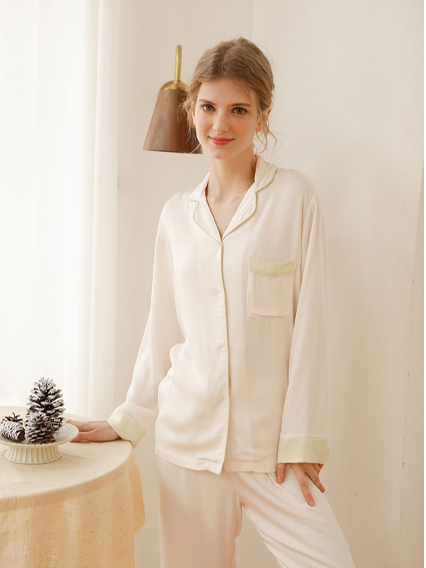 Simple Regular Fit V Neck Plain Long Sleeve Pajama Set