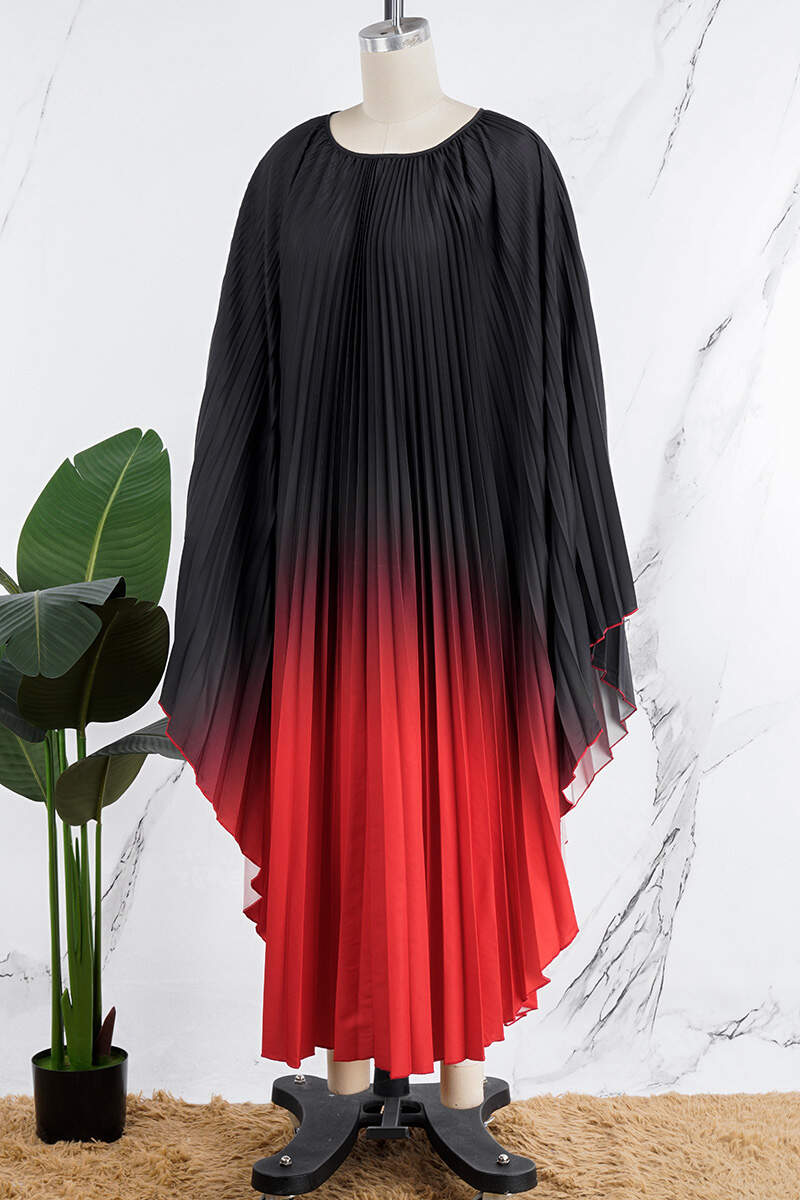 Black Red Casual Gradual Change Print Pleated O Neck Long Dress Dresses