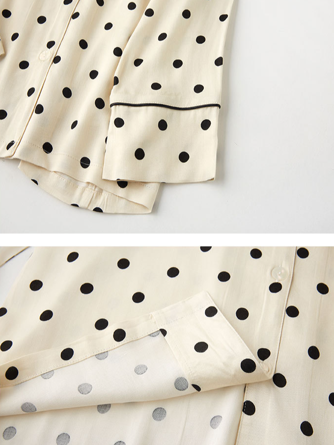 Regular Fit V Neck Polka Dots Elegant Long Sleeve Pajama Set