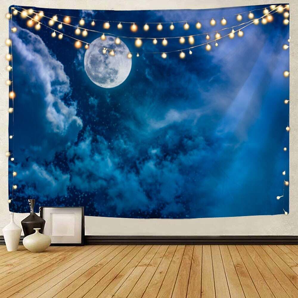 Moon Sea Sky Wall Tapestry Art Decor Landscape Full Night Ocean Cloud