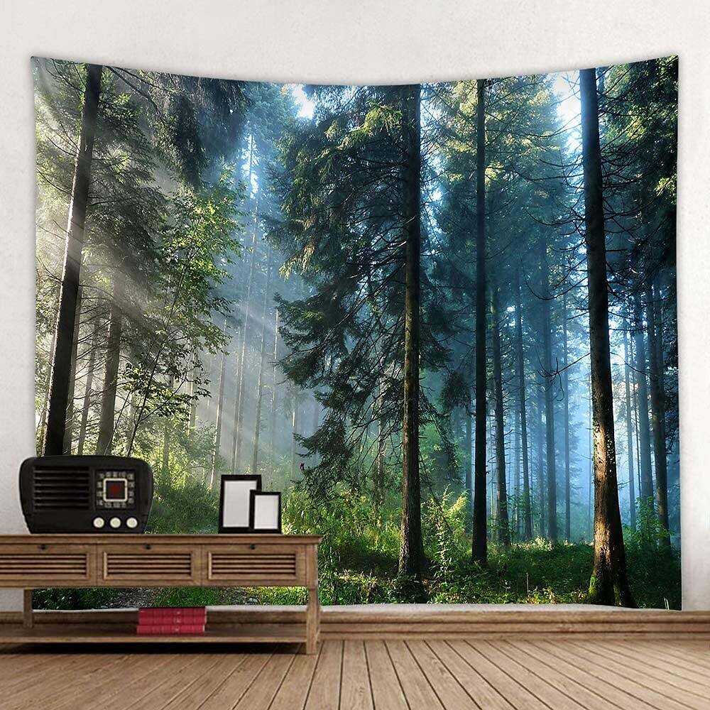 Landscape Tree Wall Tapestry Art Decor Misty Forest Nature Sunshine Through Tree