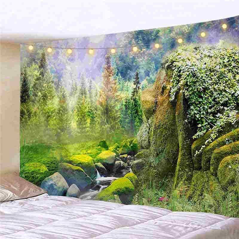 Landscape LED Lights Wall Tapestry Art Decor Forest River Waterfall Print