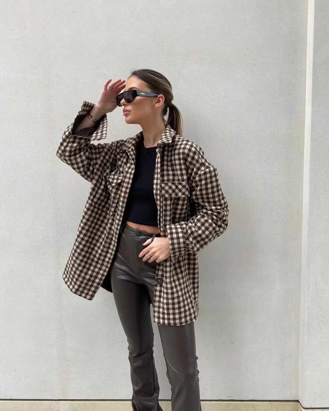 Coffee Color Plaid Length Shirt Jacket