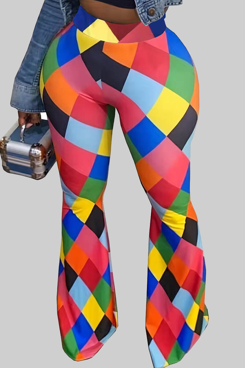 Multicolor Street Color Block Patchwork Boot Cut Mid Waist Speaker Full Print Bottoms