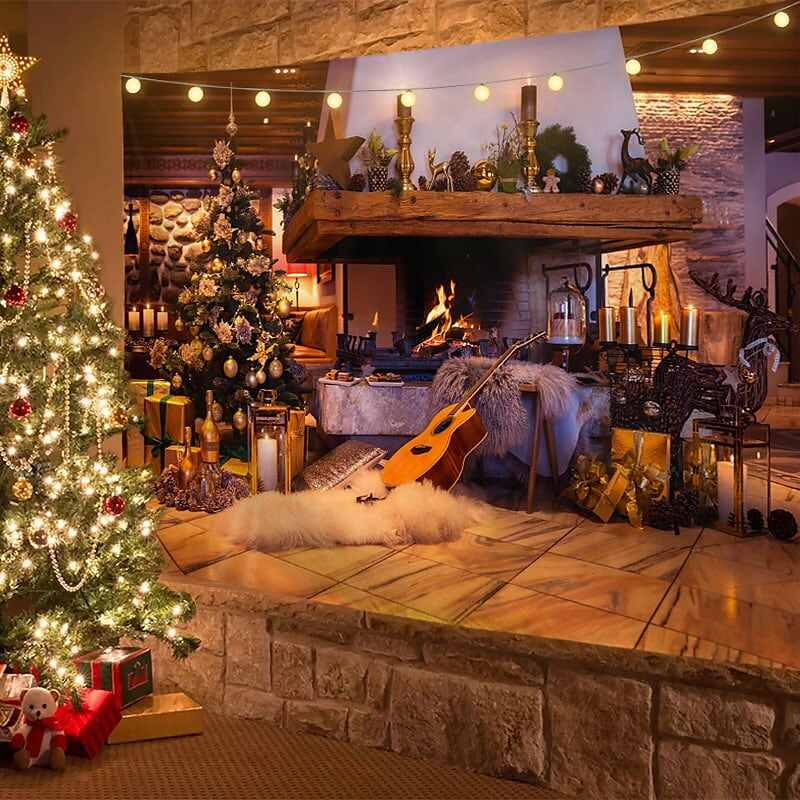 Christmas Decor LED Lights Wall Tapestry Fireplace Christmas Tree Print