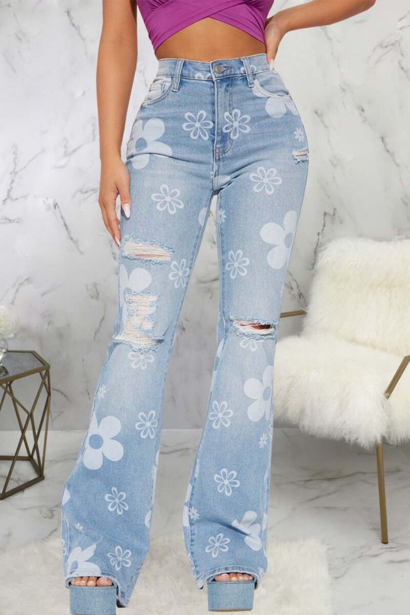 Blue Casual Print Ripped High Waist Regular Denim Jeans