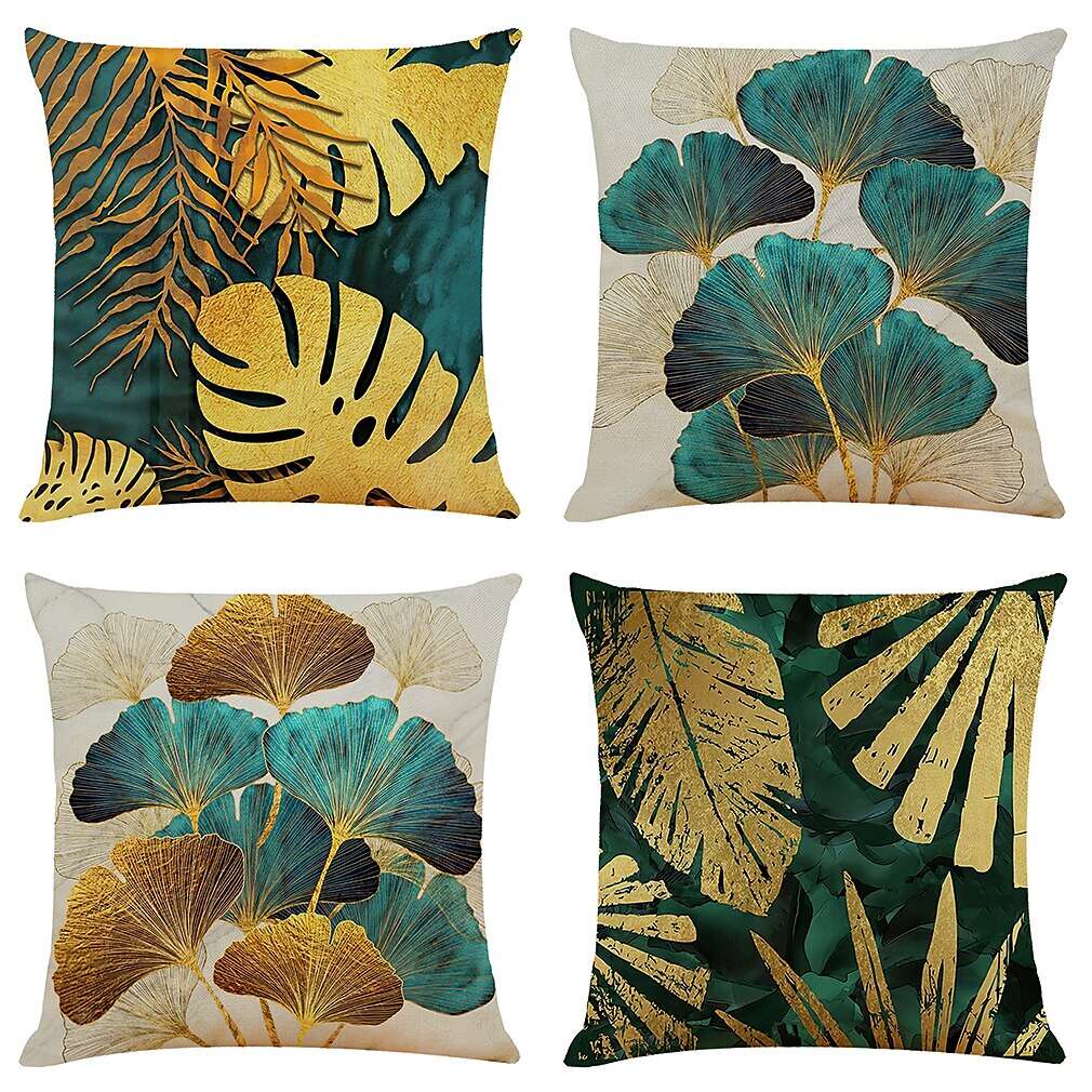 Set of 4 Throw Pillow Cases Open Branches and Loose Leaves Faux Linen Square Decorative Throw Pillow Cases Sofa Cushion Covers Outdoor Cushion for Sofa Couch Bed Chair Golden