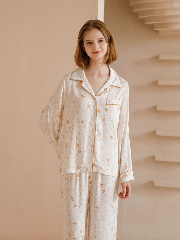 Casual V Neck Bamboo Fiber Regular Fit Long Sleeve Pajama Set