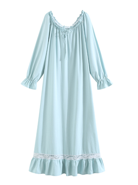 Vacation Flare Sleeve Cotton Crew Neck Plain Nightdress