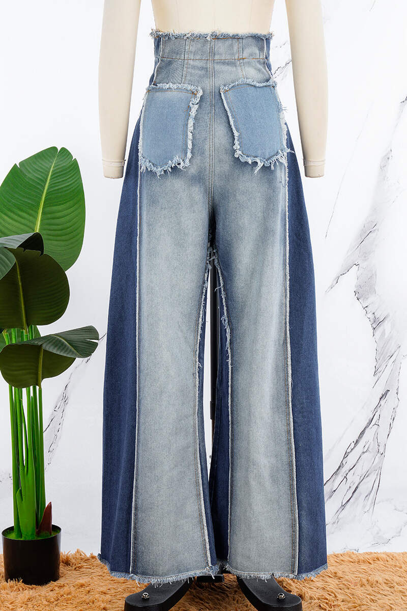 Blue Casual Patchwork Contrast High Waist Denim Jeans