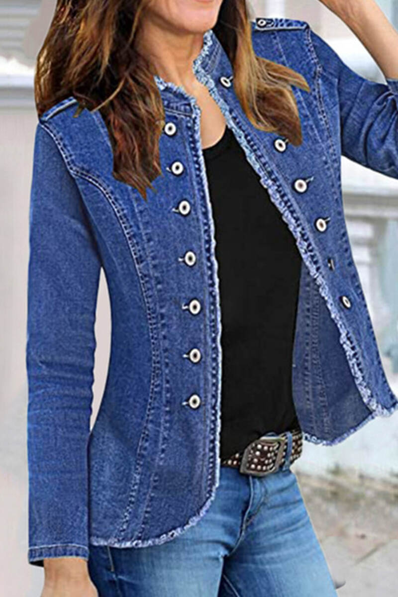 Blue Casual Solid Cardigan Long Sleeve Regular Denim Jacket