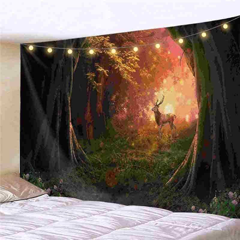 Landscape LED Lights Wall Tapestry Art Decor Forest River Tree Print