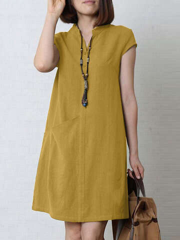 Women Vintage Dresses | Solid Pocket Short Sleeve V-neck Dress For Women - XB68556