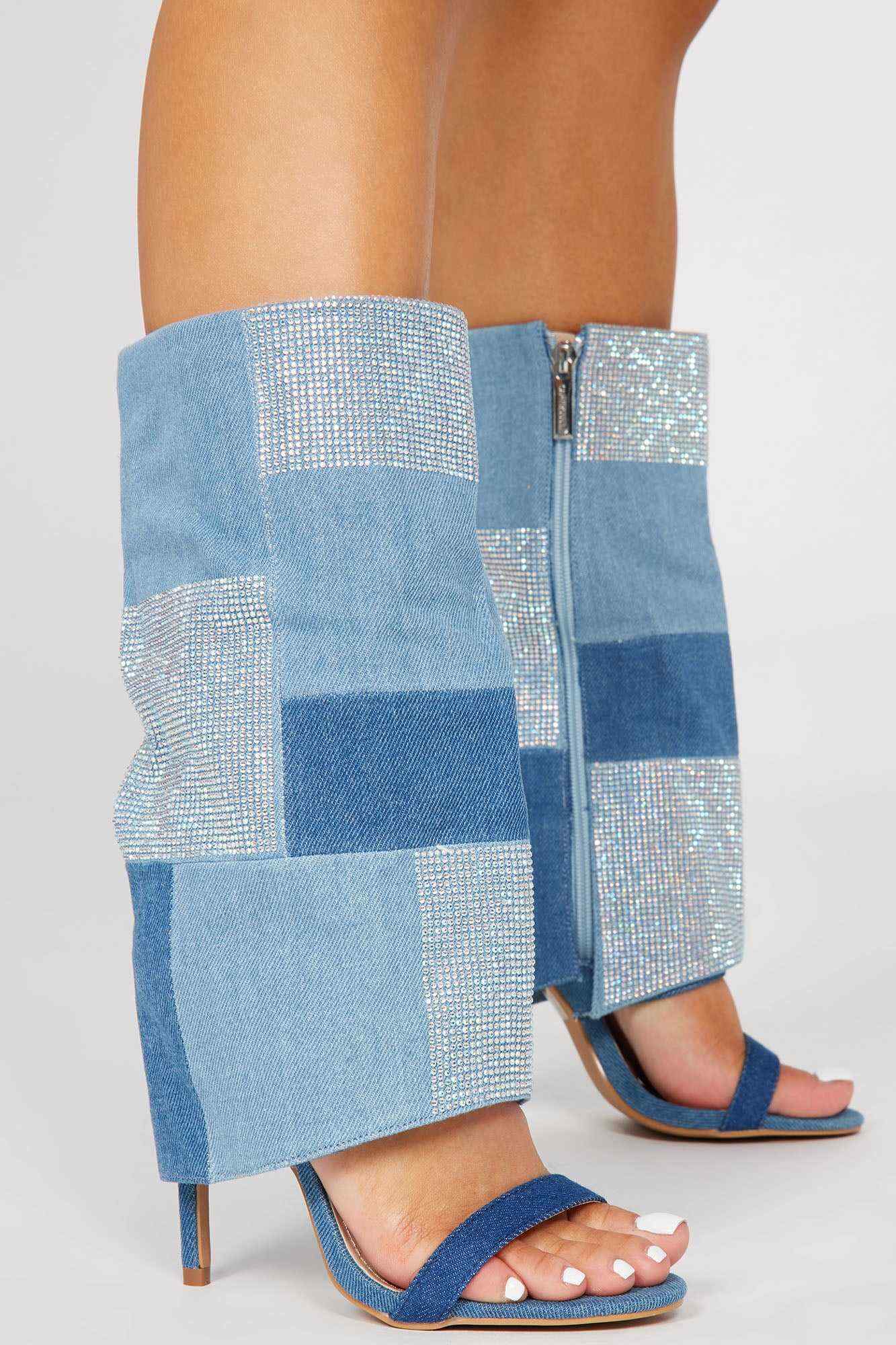 Let s Get Away Knee High Heeled Sandals   Denim